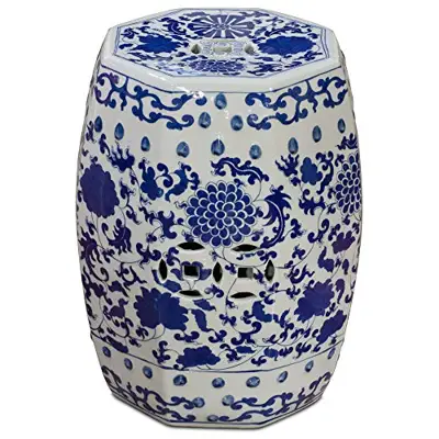 China Furniture Online Blue & White Porcelain Octagonal Chinese Palace Garden Stool with Flower and Vine Motif - blue and white porcelain garden stools - B074SZJ38M