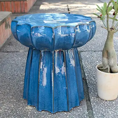 International Caravan Furniture Piece Navy Blue Round Scalloped Ceramic Garden Stool - blue ceramic garden stools - B01DL2US8M