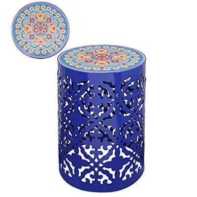 Patio Accent Table Outdoor Mosaic Side Table Metal End Table Lace Cut Outside SideTable with Tile Top Outdoor Coffee… - blue garden stools - B098TMLFWS