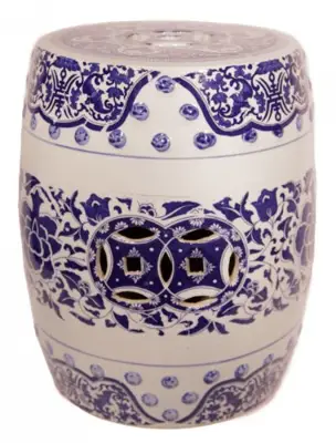 Chinese Porcelain Stool - Glazed in a Traditional Oriental Blue and White Daisy Chain Design with Floral Vines - 16