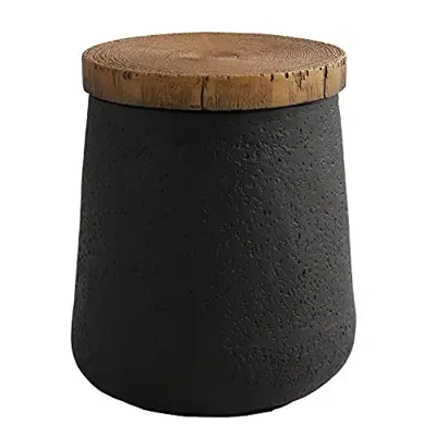 COSIEST Drum End Table Cylinder Shaped Concrete Side Table Faux-Wood Top, Black Outdoor Accent Table with Tree Trunk… - concrete garden stools - B09HBL5GFB