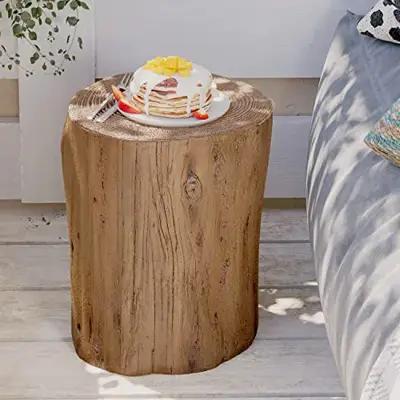 HOMPUS Concrete Outdoor Side Table Tree Stump Modern Round Coffee Table Accent Table Plant Stand Faux Wood End Table… - concrete garden stools - B09HKC7Z24