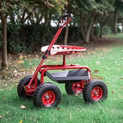 kinbor Garden Cart Rolling Scooter with Extendable Steering Handle, Swivel Seat & Utility Basket, Red - garden stools with wheels - B07HRC2CMT