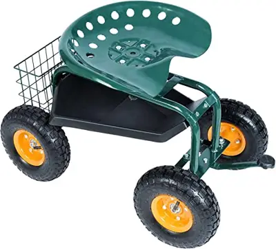 KARMAS PRODUCT Steerable Rolling Work Seat Garden Stool Cart with Tool Tray and Storage Basket Heavy Duty Scooter Green - garden stools with wheels - B07V2LLRKW