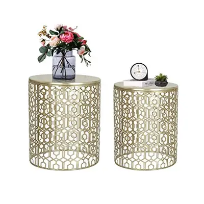 Adeco Decorative End Round Nesting Accent Side Coffee Tables Nightstand, Set of 2, Gold - gold garden stools - B01GKIZNA2