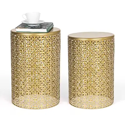 Homebeez Metal Accent Table, Set of 2 Decorative Round End Tables Nightstands, Coffee Side Tables for Indoor Outdoor… - gold garden stools - B09MFKTSX2