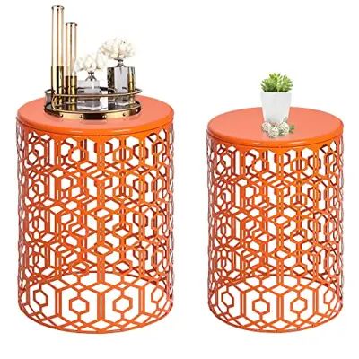 Adeco Metal Nesting Tables Set of 2, Round End Side Coffee Table Decorative Nightstands for Home Office Indoor and… - orange garden stools - B09LV4QZFJ