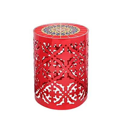 Patio Accent Table Outdoor Mosaic Side Table Metal End Table Lace Cut Outside SideTable with Tile Top Outdoor Coffee… - red garden stools - B09R1L4GQW