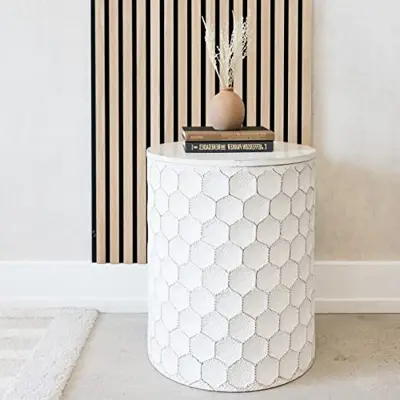 Signature Design by Ashley Polly Geometric Honeycomb Indoor & Outdoor Accent Stool, White - tall garden stools - B079J3DRSZ