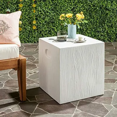 SAFAVIEH Outdoor Collection Cube Modern Ivory Concrete Accent Table (Fully Assembled) - white garden stools - B01K7E6J8A