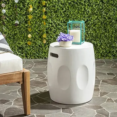 Safavieh Outdoor Collection Zuri Modern Concrete Ivory Round 17.7-inch Accent Table - white garden stools - B075DG3SWZ