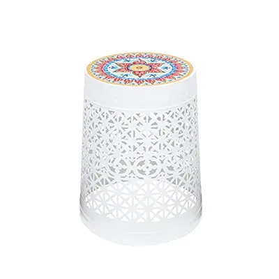 Patio Accent Table Outdoor Mosaic Side Table Metal End Table Lace Cut Outside SideTable with Tile Top Outdoor Coffee… - white garden stools - B098TM8MDM