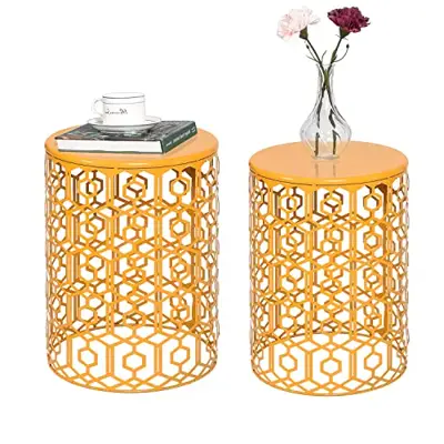 Adeco Metal Nesting Tables Set of 2, Round End Side Coffee Table Decorative Nightstands for Home Office Indoor and… - yellow garden stools - B09LV3JVDV