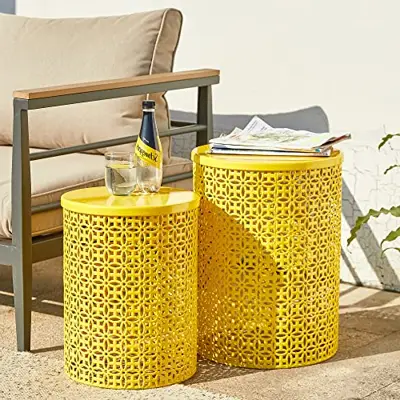 glitzhome Nesting Side Table Set of 2 Decorative Garden Stools for Indoor Outdoor Heavy Duty Metal Frame Side Table… - yellow garden stools - B09ND1PC4J