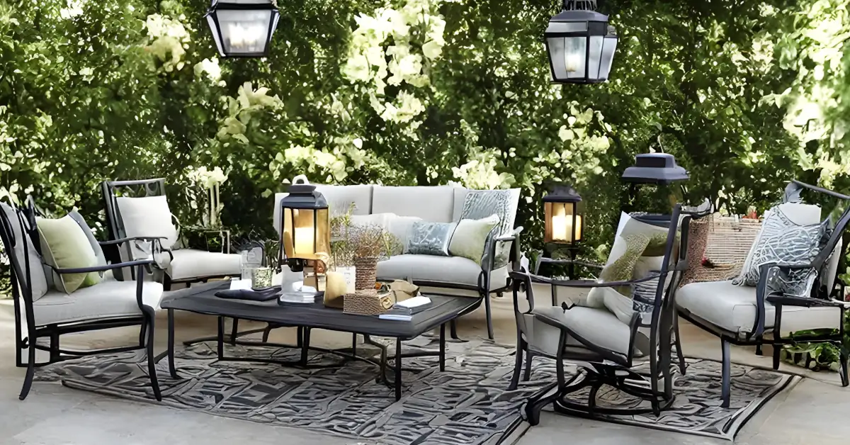 6 Great Ideas for Styling Cast Aluminum Patio Furniture with decor and lanterns featured