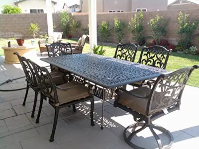 Theworldofpatio Mandalay Cast Aluminum Powder Coated 7pc Outdoor Patio Dining Set with 44