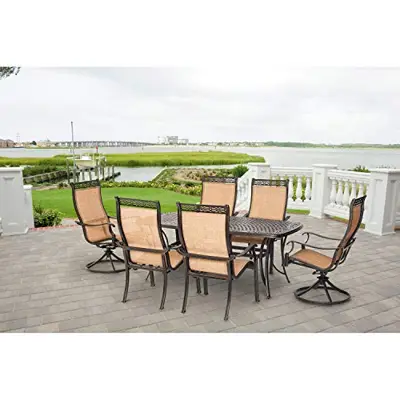 Hanover Manor 7 Piece Dining Set with Two Swivel Rockers Outdoor Furniture, Tan - 7-piece cast aluminum outdoor dining sets - B017XTBBGC