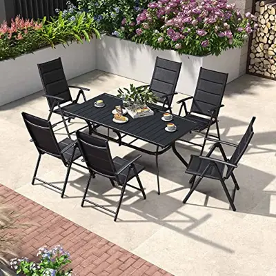 PURPLE LEAF Outdoor Dining Set for 6 with All-Aluminum Height Adjustable Slat Table and Padded Folding Chairs Modern… - 7-piece cast aluminum outdoor dining sets - B09XCSX384