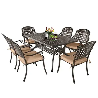 TITIMO 7-Piece Outdoor Furniture Dining Set, All-Weather Cast Aluminum Conversation Set Includes 6 Chairs and 1… - Seven-piece cast aluminum patio sets - B09C7HRNHB