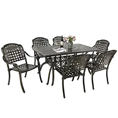 MEETWARM 7-Piece Outdoor Furniture Dining Set, All Weather Cast Aluminum Patio Garden Set with 6 Chairs, 1 Rectangular… - 7 piece cast aluminum patio sets - B09DPWQJM1