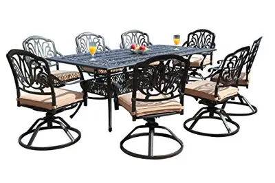 GrandPatioFurniture.com CBM Patio Elisabeth Cast Aluminum 9 Piece Dining Set w/ 8 Swivel Rockers SH217-8S - 9 piece cast aluminum patio furniture - B06ZXSCHPC