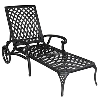 Outvita Lounge Chairs for Outside, Patio Cast Aluminum Recliner with Adjustable Back and Rolling Wheels for Backyard… - black cast aluminum chaise lounges - B0BVG23XBP