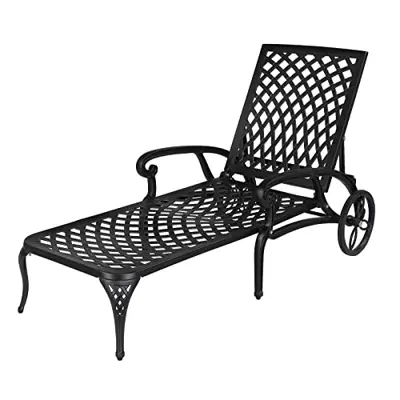 Courtyard Cast Aluminum Lying Bed with Wheels - Outdoor Chaise Lounge Chair with Adjustable Backrest - Breathable Cross… - black cast aluminum chaise lounge - B0BVZ76CVL