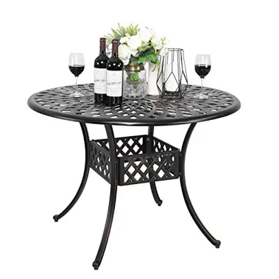 Nuu Garden 42 Inch Patio Dining Table, Cast Aluminum Patio Table with Umbrella Hole, Round Outdoor Bistro Table for Backyard, Garden, Patio, Porch, Black with Antique Bronze at The Edge - black cast aluminum outdoor dining tables - B07B66Q56H