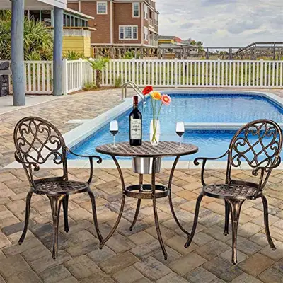 NICESOUL Retro Vintage Style Cast Aluminum Outdoor 3 Piece Patio Bistro Set of Table and Chairs with Ice Bucket Bronze… - bronze cast aluminum bistro sets - B088NYNB2T