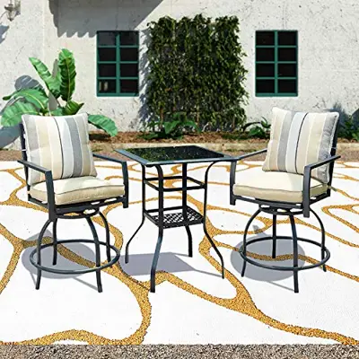 PatioFestival 3 Pcs Outdoor Height Bistro Chairs Set Patio Swivel Bar Stools with 2 Yard Armrest Chairs and 1 Glass Top… - cast aluminum bar height bistro sets - B07V3XDM81