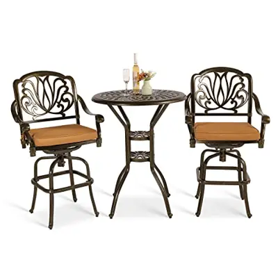 VIVIJASON 3-Piece Patio Swivel Bar Stools Set, All Weather Cast Aluminum Outdoor Bar Height Bistro Set with 2 Cushioned… - cast aluminum bar height bistro sets - B0BRNH6KZB