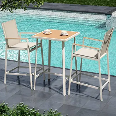 LAUSAINT HOME 3 Pieces Patio Bar Set, All Weather Textilene Outdoor Furniture Set with Wood Like-Top Table, Metal Patio… - cast aluminum bar height patio furniture - B0BSKX9RH8