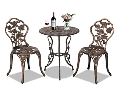 Grepatio 3 Piece All Weather Cast Aluminum Dining Set - 2 Lattice Weave Chairs, 1 Bistro Table with Umbrella Hole… - cast aluminum bistro sets - B096B94K63