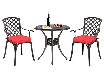 Grepatio 3 Piece All Weather Cast Aluminum Dining Set - 2 Lattice Weave Chairs, 1 Bistro Table with Umbrella Hole… - cast aluminum bistro sets - B0991L9NYW