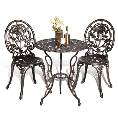 Villeston Outdoor Bistro Table and Chairs Set for 2 Patio 3 Piece Cast Aluminum Rust-Resistant with Umbrella Hole and… - cast aluminum bistro sets - B09JG3B8YM