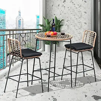 Soleil Jardin 3 Piece Patio Bar Set, Rattan Wicker Bar Height Outdoor Table and Chairs Set, Bistro Set with Glass Top Table and Cushioned Stools, Outdoor Furniture Set for Backyard Poolside Porch - cast aluminum bistro sets - B0B4K6Z7M3