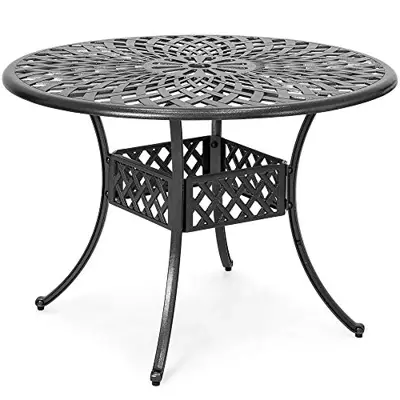 42″ Patio Bistro Dining Table - Cast Aluminum Umbrella Hole Table - Rust Resistant Lattice Weave Design - for Outdoor Furniture Patio Deck Garden - Optional Add-on 4 Chairs for 5 Piece Set (Black) - cast aluminum bistro tables - B07VHZKS97