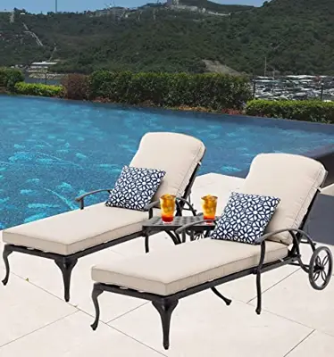 Luccalily Lounge Patio Chairs with Side Table, Chairs with Removable Cushion, Rust-Resistant Aluminum Cast with… - cast aluminum chaise lounges with cushion - B0BTD5L6GQ