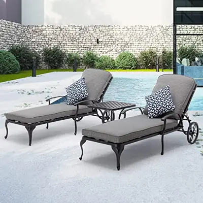 HOMEFUN Chaise Lounge Outdoor with Side Table, Aluminum Pool Lounge Chairs for Outside with Grey Cushions and Pillow… - cast aluminum chaise lounges with cushion - B0BV63Z81Y