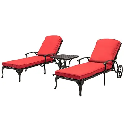 HOMEFUN Chaise Lounge Outdoor with Red Cushions, Lounge Chairs Set of 2 and 1 Patio Side Table for Outside Pool Tanning… - cast aluminum chaise lounges with cushion - B0BX5DWDBK