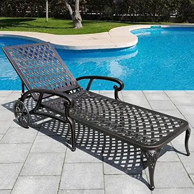 HOMEFUN Chaise Lounge Outdoor, Cast Aluminum Lounge Chairs for Outside Pool Tanning Chairs with Adjustable Backrest and… - cast aluminum chaise lounges with wheels - B08LKJZP57