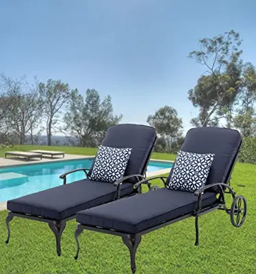 Luccalily Chaise Lounge Outdoor 2-Piece Set, Rust-Resistant Aluminum Cast with Navy Blue Cushion, Easy Moving Wheels… - cast aluminum chaise lounges with wheels - B09VGQ5WYV