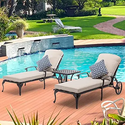 HOMEFUN Chaise Lounge Outdoor with Side Table, Aluminum Pool Lounge Chairs for Outside with Beige Cushions Coffee Table… - cast aluminum chaise lounges with wheels - B0B15N932W