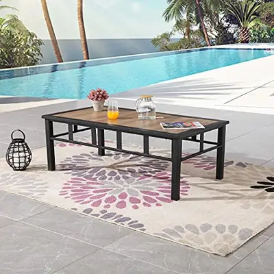 Sports Festival Patio Side Coffee Table Rectangle Outdoor Furniture with Wood-Grain Tabletop and All-Weather Metal Frame for Deck Poolside Garden Porch Backyard (46.5