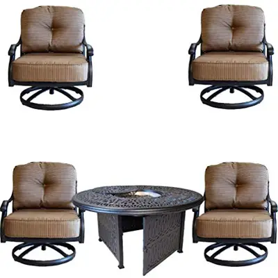 Sunvuepatio Elisabeth Cast Aluminum 5 Piece Deep Seating Set with 52” Firepit Round Table and All Swivel Club Rockers. - cast aluminum conversation sets - B07Q8522DY