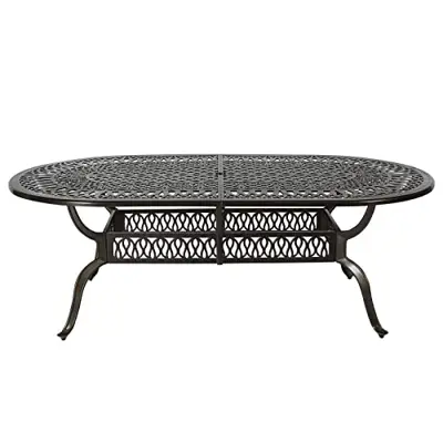 VIVIJASON Large Patio Dining Table, Outdoor Oval Dining Table Fits for 6-8 Person, Bronze Cast Aluminum Rustic Patio Table with Umbrella Hole for Balcony, Porch and Deck - cast aluminum dining tables for 8 - B0BQXL166J