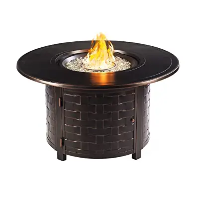 Aluminum 55,0000 BTU 44 in. Round Propane Black Fire Pit Table with Fire Beads, Lid, Propane Tank Cover and Table Fabric Covers in Copper Finish - cast aluminum fire pit tables - B07YD6B2V9