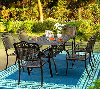 PHI VILLA 7 Piece Cast Aluminum Patio Dining Set, Outdoor Dining Furniture Patio Table and Chairs Set with Patio Dining Chairs & Rectangle Dining Table for Garden, Yard and Deck, Golden Bronze - cast aluminum patio sets - B0BMQ3ZP1V