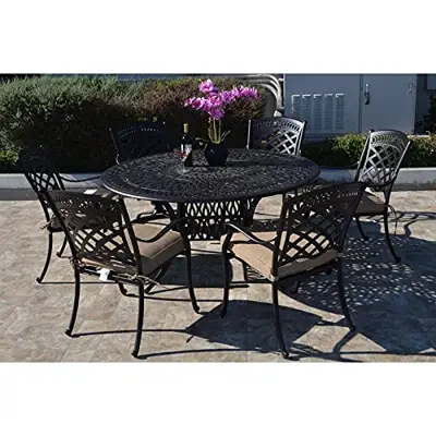 PatioLand St. Augustine Cast Aluminum Powder Coated 7 Piece Dining Set with 60in Round Table and 6 Stationary Chair with… - cast aluminum stackable high dining sets - B094YXD8SV