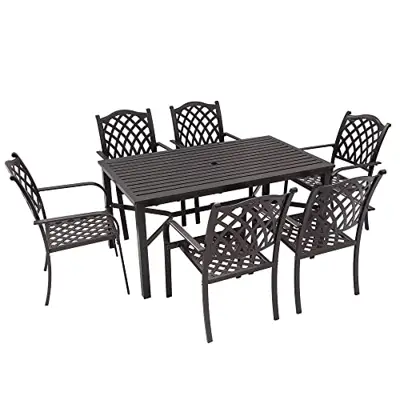 LAUREL CANYON Outdoor Patio Dining Furniture Set, 7 Piece Cast Aluminum, 6 Stackable Chairs, 35